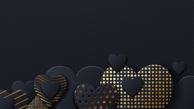 Fondo del día de san valentín con corazones negros y patrón dorado cubierta de lujo dorada sobre fondo oscuro