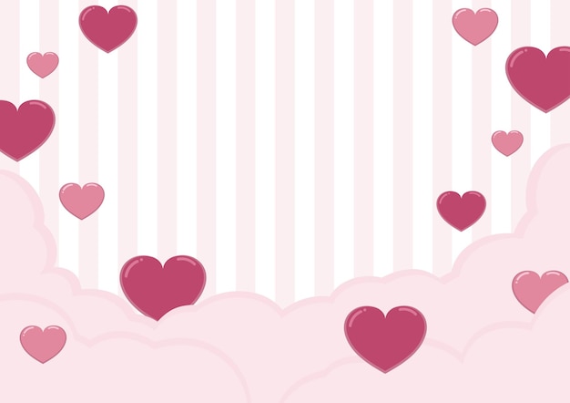 fondo del día de San Valentín franja de línea rosa con elementos en forma de corazón e ilustración vectorial de nubes