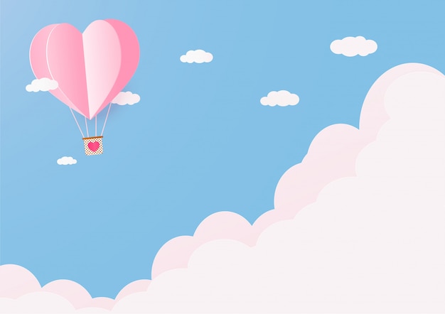 Fondo del día de San Valentín con globos de corazón y nubes.