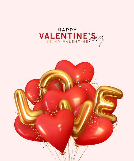 Fondo del día de San Valentín con globos rojos 3d en forma de corazón con letras de texto metálico dorado Amor. Los globos y la cinta vuelan. Pancarta romántica, afiche sorpresa, volante y folleto. boda de vacaciones