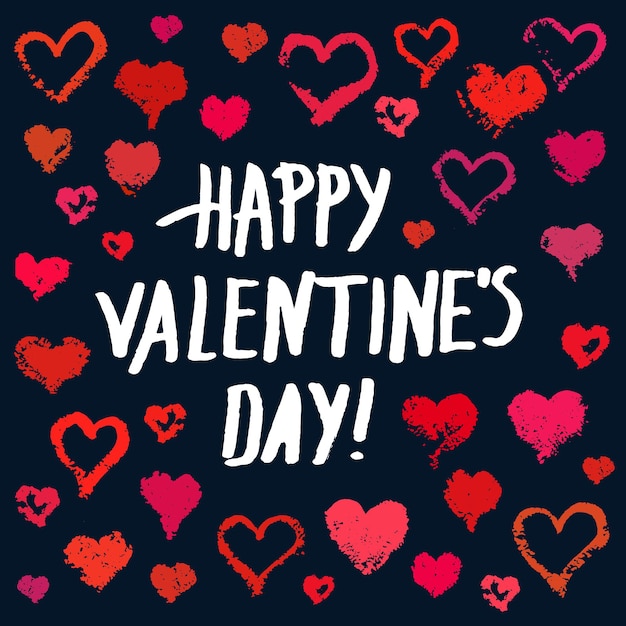 Fondo de día de San Valentín Grunge corazones pintados en fondo azul oscuro y letras de Feliz Día de San Valentine Pruebas de pincel y texto escrito a mano Vector tarjeta de san Valentín cartel póster volante