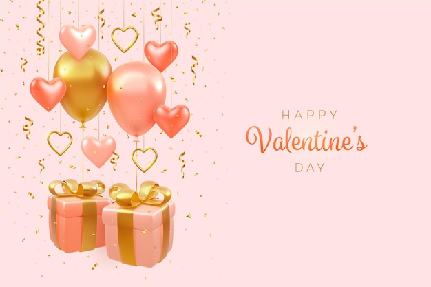 Fondo del día de san valentín, pancarta. cajas de regalo rosa festivas realistas con lazo dorado. los globos vuelan helio redondos y en forma de corazones. corazones metálicos dorados 3d y confeti brillante. ilustración vectorial