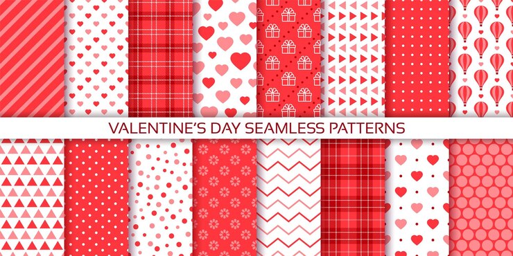 Vector fondo del día de san valentín patrón sin costuras con corazones texturas rojas románticas impresións de papel de embalaje