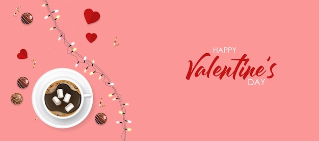 Vector fondo del día de san valentín, tarjeta de amor, pancarta romántica, café, chocolate, fondo de amor