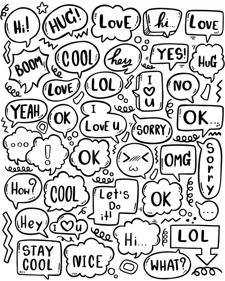 Vector fondo dibujado a mano conjunto de lindo discurso burbuja eith texto en estilo doodle