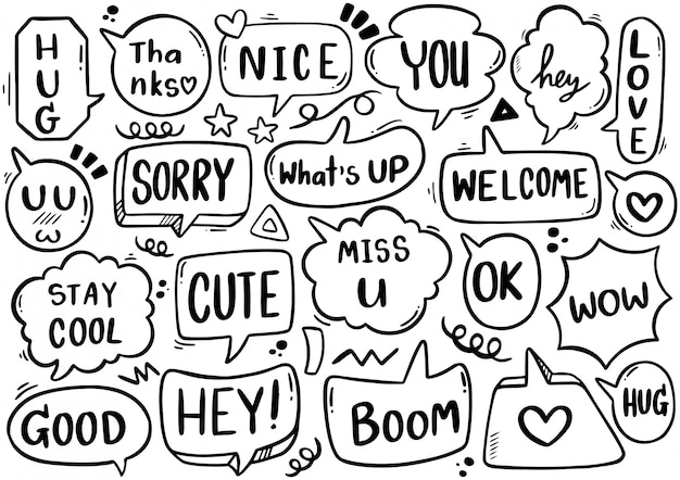 Fondo dibujado a mano Conjunto de lindo discurso burbuja eith texto en estilo doodle