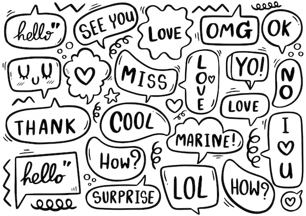 Fondo dibujado a mano Conjunto de lindo discurso burbuja eith texto en estilo doodle