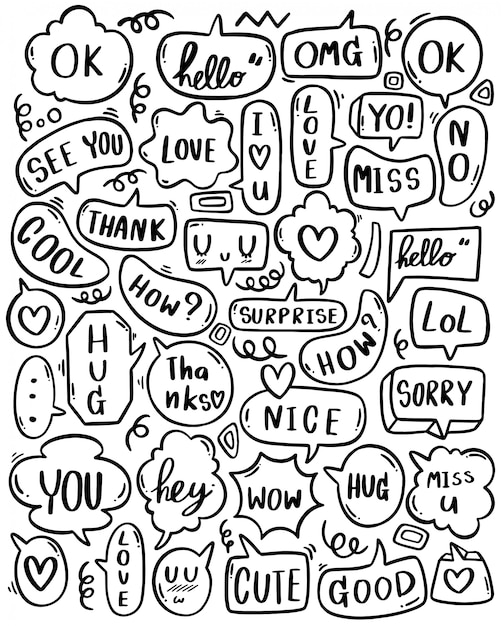 Fondo dibujado a mano Conjunto de lindo discurso burbuja eith texto en estilo doodle