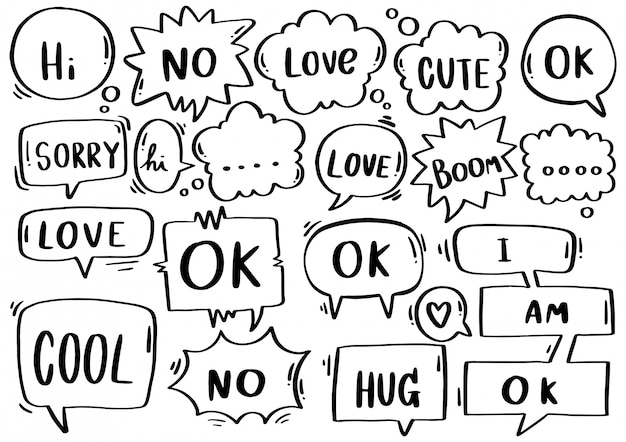 Fondo dibujado a mano conjunto de lindo discurso burbuja eith texto en estilo doodle