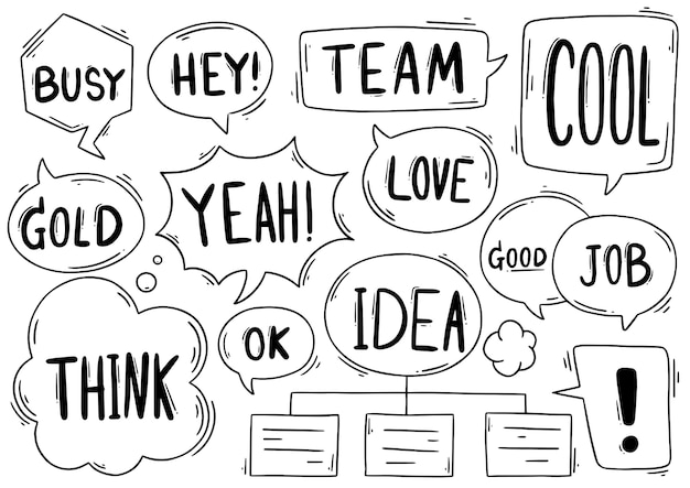 Fondo dibujado a mano Conjunto de lindo discurso burbuja eith texto en estilo doodle
