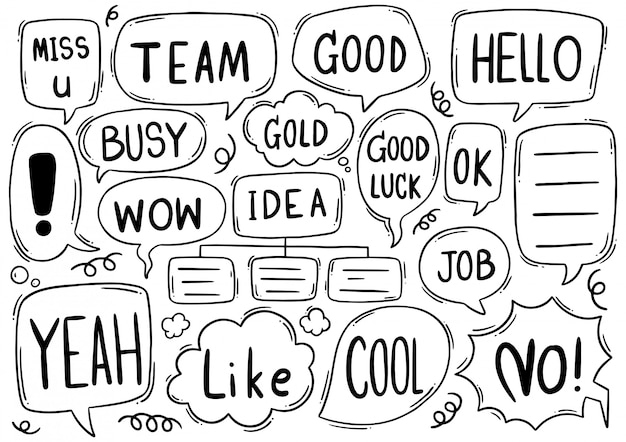 Fondo dibujado a mano Conjunto de lindo discurso burbuja eith texto en estilo doodle