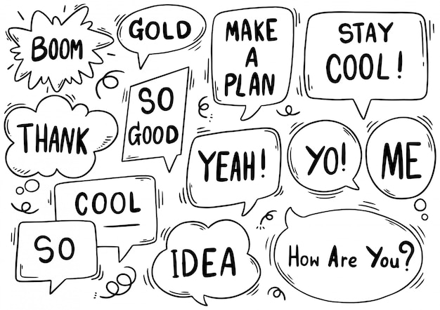Fondo dibujado a mano Conjunto de lindo discurso burbuja eith texto en estilo doodle