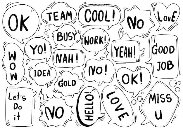 Fondo dibujado a mano Conjunto de lindo discurso burbuja eith texto en estilo doodle