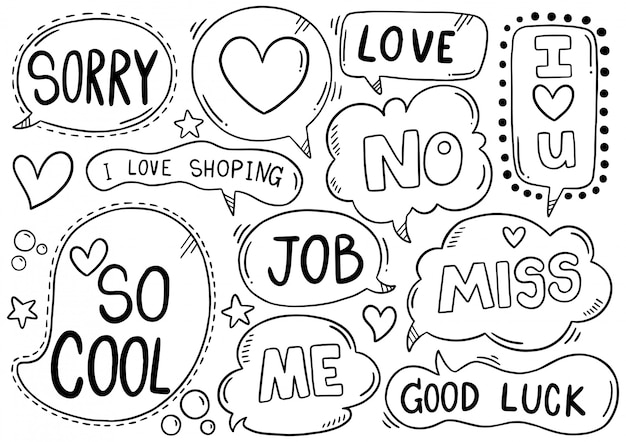 Fondo dibujado a mano Conjunto de lindo discurso burbuja eith texto en estilo doodle