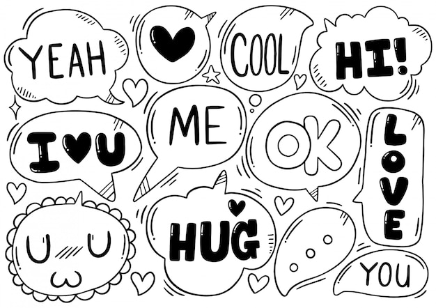 Fondo dibujado a mano Conjunto de lindo discurso burbuja eith texto en estilo doodle