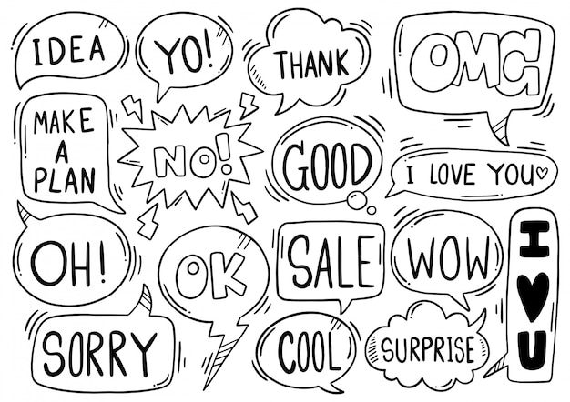 Fondo dibujado a mano Conjunto de lindo discurso burbuja eith texto en estilo doodle