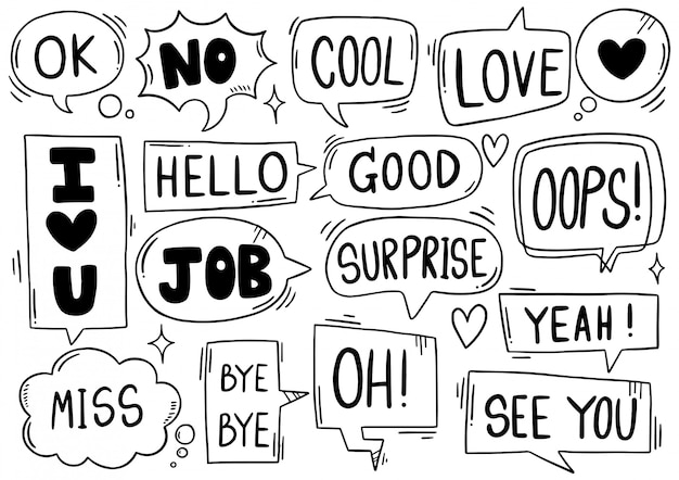 Fondo dibujado a mano Conjunto de lindo discurso burbuja eith texto en estilo doodle