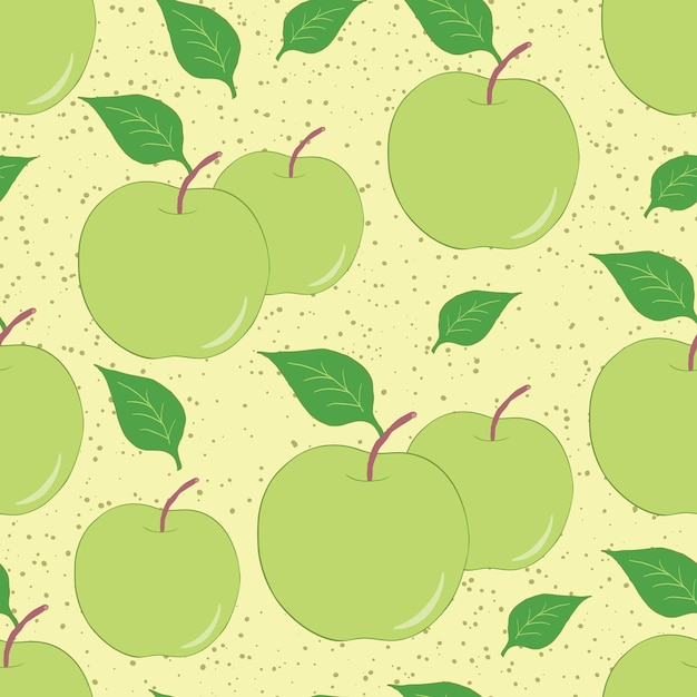 Fondo dibujado a mano sin costuras de frutas con manzanas verdes y hojas