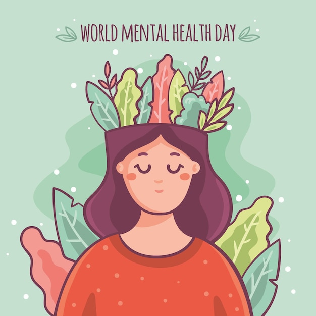 Vector fondo dibujado a mano día mundial de la salud mental con cabeza de mujer y hojas