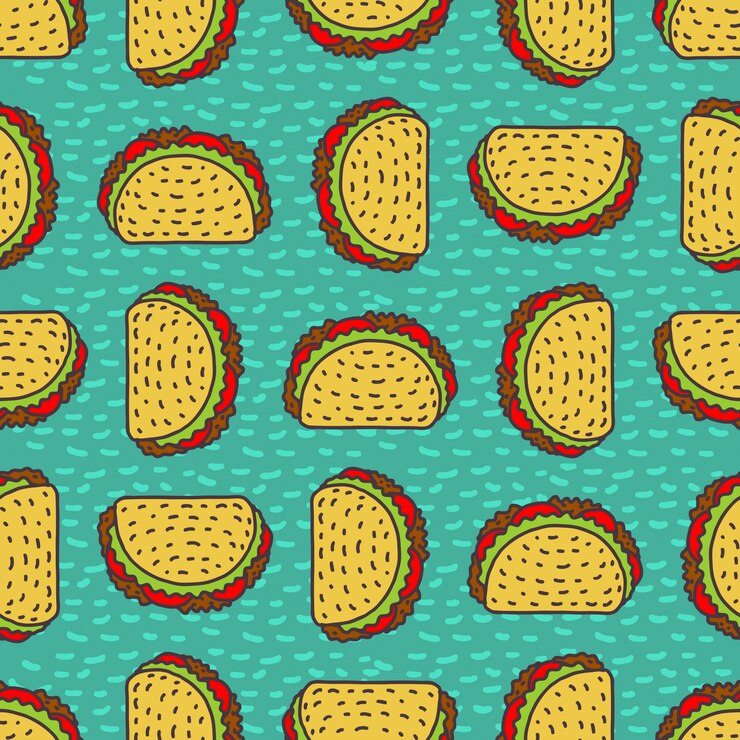 Fondo de dibujo de taco. Patrón de comida rápida mexicana.