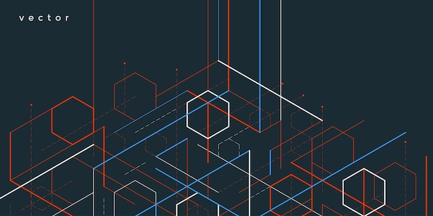 Fondo de dibujo técnico Líneas geométricas y cuadrados Tecnología Bandera Ilustración vectorial