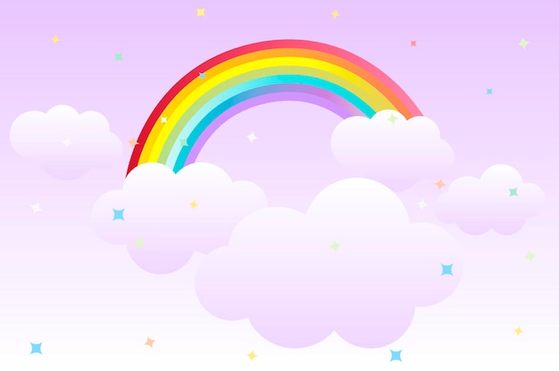 Fondo de dibujos animados con arco iris en el cielo y nubes para diseño gráfico. Fondo lindo de la ilustración del vector con las estrellas para el papel pintado.
