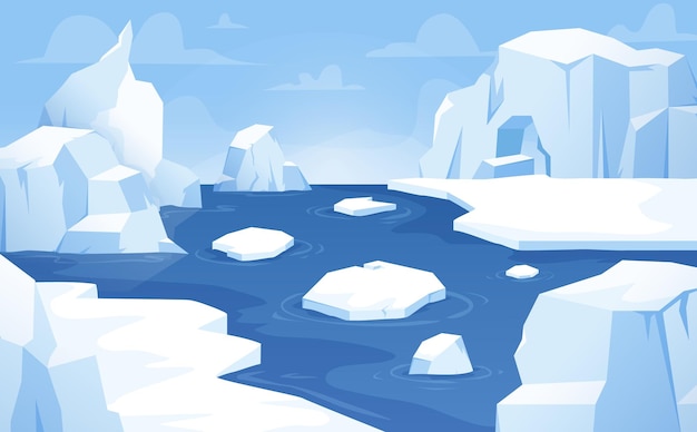 Fondo de dibujos animados ártico icebergs flotantes paisaje de la Antártida hermosos glaciares de mar o océano y montañas de hielo escena vectorial acogedora del norte