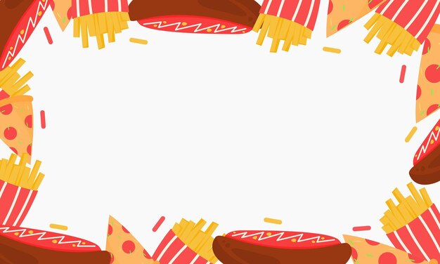 Vector fondo de dibujos animados de comida chatarra perrito caliente de hamburguesa y papas fritas fondo dibujado a mano