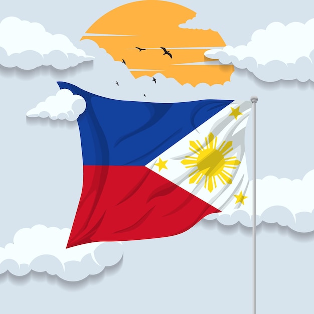 Vector fondo de dibujos animados lindo de la bandera de filipinas y vista del cielo