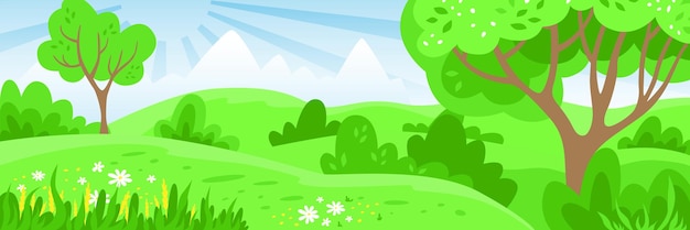 Fondo de dibujos animados de paisaje Vector Naturaleza verde Paisaje con arbustos de hierba verde y cielo azul