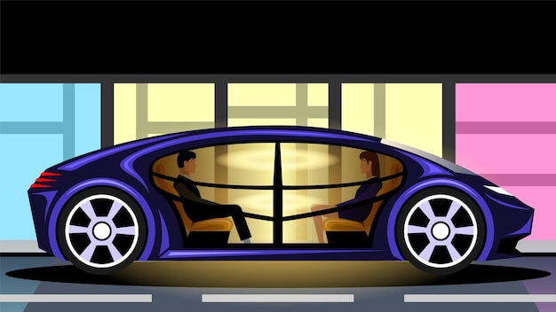 Fondo de dibujos animados de vista lateral de autoconducción de vehículo autónomo