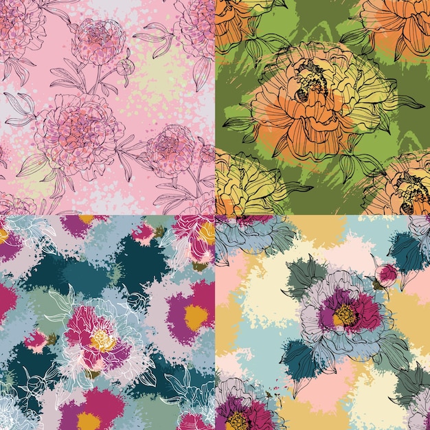 Fondo de dibujos sin costuras de la flor de la peonía dibujados a mano
