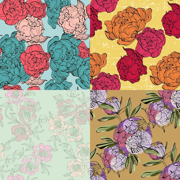 Fondo de dibujos sin costuras de la flor de la peonía dibujados a mano