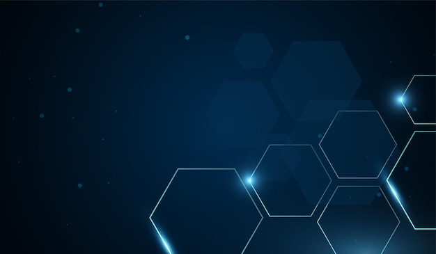 Un fondo digital azul oscuro con contornos hexagonales brillantes Se dispersan pequeñas partículas de luz