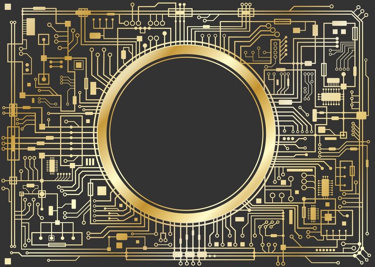 Vector fondo digital de chipset de oro aislado en negro. concepto de tecnología de cpu. vector ilustración horizontal.