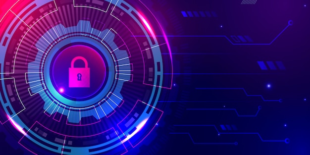 Fondo digital de tecnología abstracta de seguridad futurista con luz azul púrpura