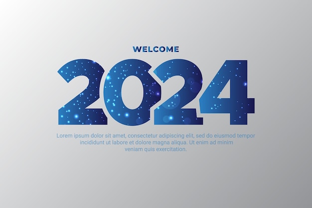 Fondo de diseño de año nuevo degradado azul 2024 con efecto de brillo brillante