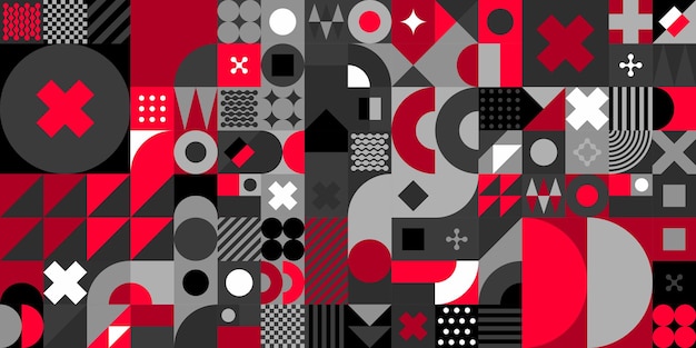 Fondo de diseño de arte de patrón geométrico suizo Bauhaus Vector abstracto transparente negro y rojo