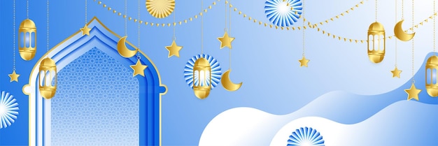 Vector fondo de diseño de banner ancho colorido azul blanco de ramadhan