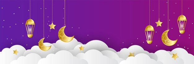 Fondo de diseño de banner ancho colorido oro púrpura linterna ramadhan