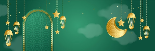 Fondo de diseño de banner ancho colorido oro verde linterna ramadhan