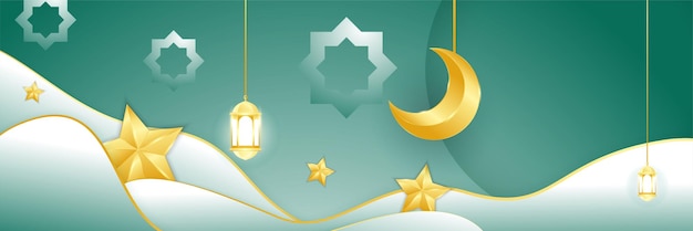 Fondo de diseño de banner ancho colorido verde blanco ramadhan