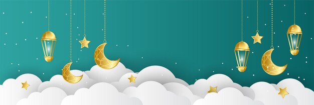 Fondo de diseño de banner ancho colorido verde y dorado premium Ramadhan