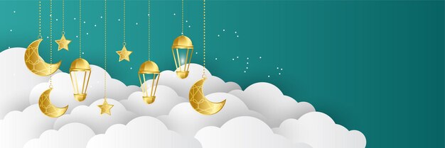 Fondo de diseño de banner ancho colorido verde y dorado premium Ramadhan