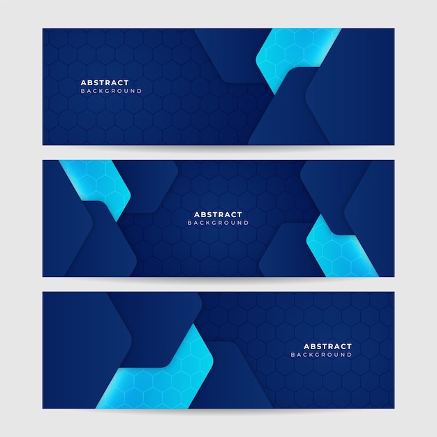 Fondo de diseño de banner ancho geométrico de Memphis abstracto azul oscuro de tecnología hexagonal