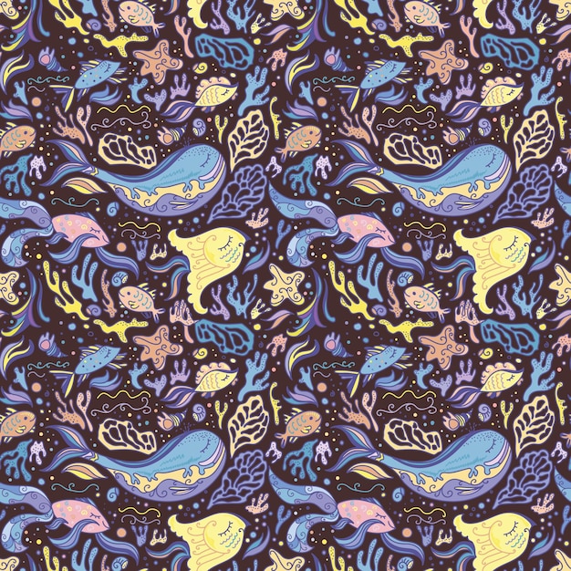 Fondo de diseño de bebé estilo boceto con animales marinos