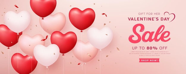 Fondo de diseño de corazón y cinta de globo blanco rojo y rosa de banner de venta de día de san valentín