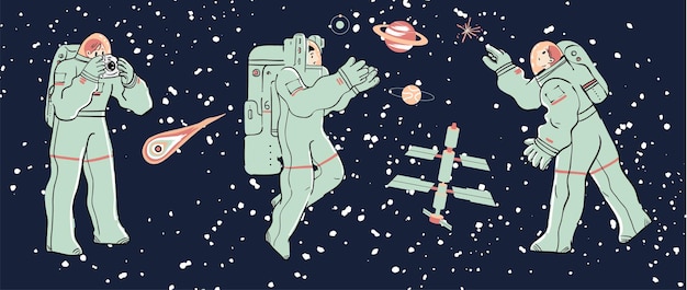 Fondo de diseño del cosmos. Linda plantilla con astronauta, nave espacial, luna, cometa, estrellas en el espacio ultraterrestre