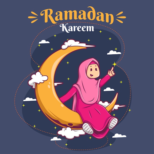 Vector fondo de diseño de ilustración de ramadán vectorial dibujado a mano de niña musulmana