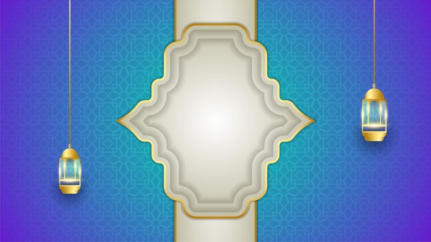 Fondo de diseño islámico azul dorado árabe elegante de Mandala Fondo de banner de ramadán kareem universal con mezquita de patrón islámico de linterna luna y elementos islámicos de lujo abstractos